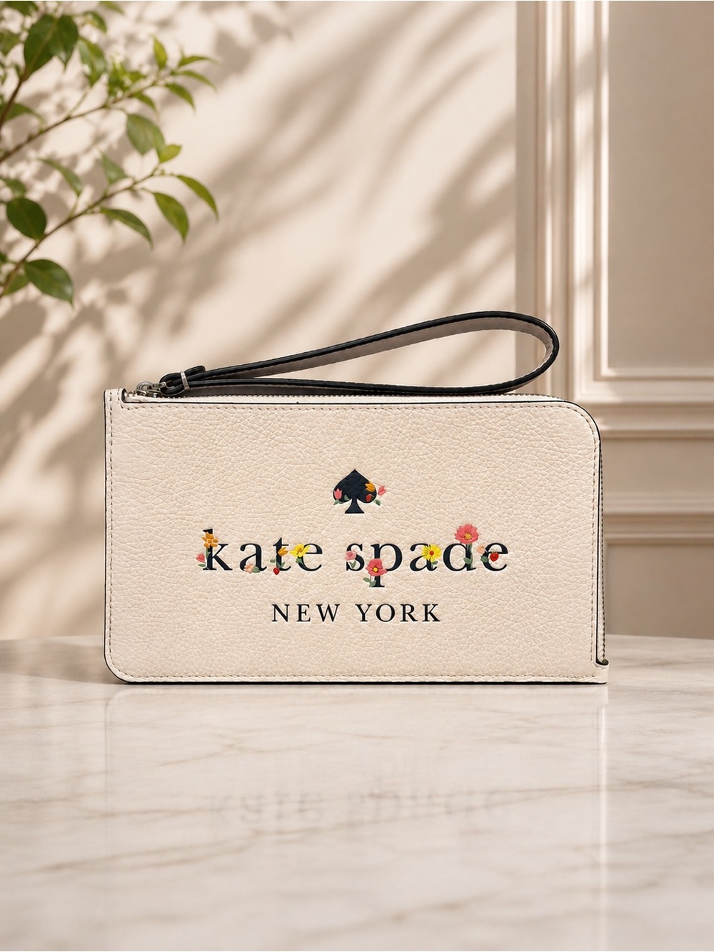 Kate Spade New York Floral Logo Wristlet Wallet Cream Pebbled Leather NWOT